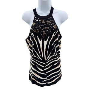 Cache Zebra Print Embellished Halter Top Studded Rhinestone Knit Blouse NWT M